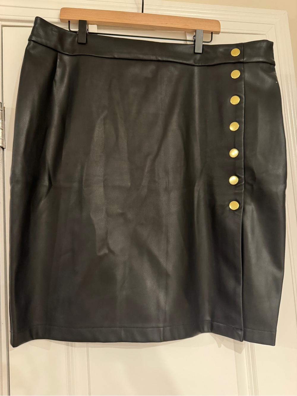 INC International Concepts Black Faux Leather Mini Skirt with Gold Buttons